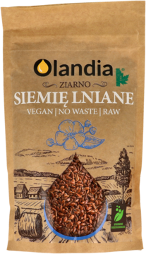 Olandia Siemię Lniane ziarno w brązowej papierowej torebce z okienkiem ukazującym nasiona, widok z przodu.