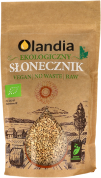 Ekologiczny słonecznik łuskany Olandia w brązowej torbie kraft, widok z przodu, z okienkiem na ziarna.
