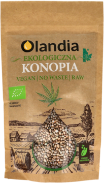 Brązowa torebka nasion konopi Olandia, z przezroczystym oknem ukazującym ziarno, widok z przodu.