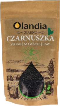 Brązowa torebka Olandia Czarnuszka ziarno z przezroczystym okienkiem w kształcie kropli, pełna czarnych ziaren.