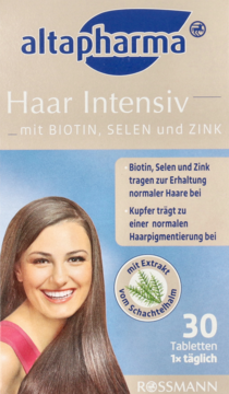 Front biało-niebieskiego opakowania altapharma Haar Intensiv, suplementu na włosy z Biotiną, Selenem i Cynkiem.