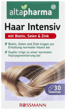 altapharma Haar Intensiv Rossmann, tabletki z biotyną, selenem, cynkiem. Biało-zielone pudełko z blond warkoczem.