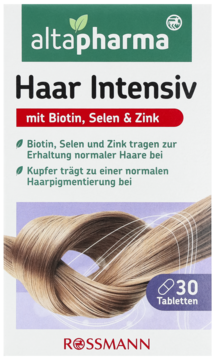 altapharma Haar Intensiv Rossmann, tabletki z biotyną, selenem, cynkiem. Biało-zielone pudełko z blond warkoczem.