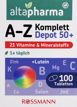 Przednie ujęcie białego opakowania altapharma A-Z Komplett Depot 50+ witamin. Zawiera 21 składników, 100 tabletek.