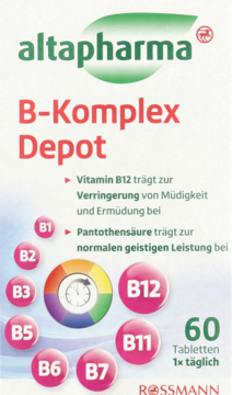 Altapharma B-Komplex Depot, białe opakowanie suplementu z zielonym logo i różowymi oznaczeniami witamin B, widok z przodu.
