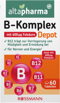 Altapharma B-Komplex z 600 µg Folsäure, biało-zielone opakowanie 60 tabletek witamin B, widok z przodu.