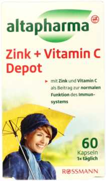 Altapharma Zink + Vitamin C Depot, białe opakowanie suplementu, 60 kapsułek, z zielonym logo i wizerunkiem kobiety.