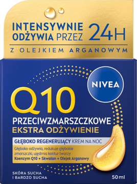 NIVEA Q10 Krem na noc 50ml, widok z przodu. Niebiesko-złote pudełko z olejem arganowym dla skóry suchej.