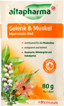 Altapharma sól kąpielowa Gelenk & Muskel w saszetce. Biała z zielenią i pomarańczą, ziołowe ilustracje.