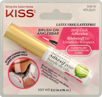 Klej do rzęs Kiss Strip Lash Adhesive, bezlateksowy, przezroczysty, z pędzelkiem, w złotym flakonie.