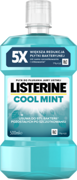 Płyn do płukania Listerine Cool Mint, niebieska butelka 500ml, widok z przodu, z tekstem 5x redukcji płytki.