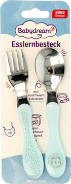 Babydream Esslernbesteck, błękitny zestaw sztućców dla dzieci z nierdzewnej stali, z lwem i kropkami.