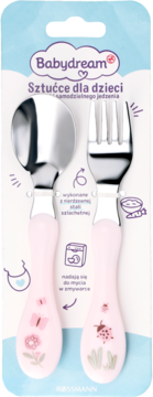Różowe sztućce Babydream dla dzieci: łyżka i widelec ze stali nierdzewnej, z uchwytami z motywami owadów, w opakowaniu.