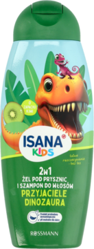Isana Kids 2w1 żel i szampon Przyjaciele Dinozaura o zapachu kiwi, zielona butelka z grafiką.