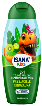 Isana Kids 2w1 żel pod prysznic i szampon "Przyjaciele Dinozaura", z kiwi, butelka z przodu.