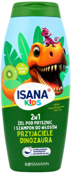 ISANA KIDS żel/szampon 2w1 'Przyjaciele Dinozaura' o zapachu kiwi. Niebiesko-zielona butelka, przód.