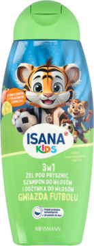 Isana Kids 3w1 szampon, żel i odżywka Gwiazda Futbolu, zielona butelka z kreskówkowymi tygrysami.