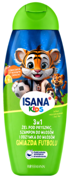 Isana Kids 3w1 Szampon Gwiazda Futbolu, zielona butelka z tygrysem i cytrusowym zapachem, przód.
