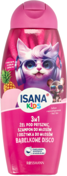 Różowy szampon Isana Kids 3w1 z kotem w słuchawkach i ananasem, widok z przodu. Bubble Disco.