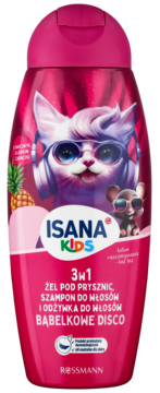 Różowy szampon Isana Kids 3w1 z żelem i odżywką "Bąbelkowe Disco", kot DJ w okularach, widok z przodu.