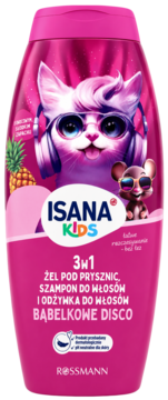Różowa butelka Isana Kids 3w1 z kotem-DJ-em i myszą. Żel pod prysznic, szampon i odżywka Bąbelkowe Disco.