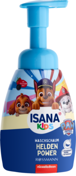 ISANA Kids pianka do mycia z pompką, z postaciami Psi Patrol, zapach czarnych porzeczek i truskawek, widok z przodu.