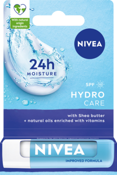 Nivea Hydro Care pomadka nawilżająca SPF 15, w niebiesko-białym opakowaniu, z napisem 24h Moisture, widok przód.