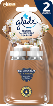 Glade Sensual Sandalwood & Jasmine, 2 automatyczne wkłady do odświeżacza, brązowe opakowanie z jaśminem.