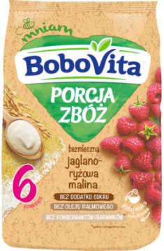 BoboVita Porcja Zbóż, bezmleczna jaglano-ryżowa malina, w beżowej saszetce z owocami i zbożami.
