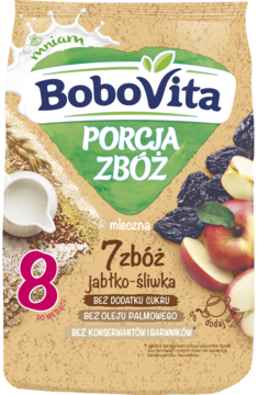 BoboVita PORCJA ZBÓŻ 7 zbóż jabłko-śliwka, kaszka mleczna w beżowej saszetce z owocami, widok z przodu.