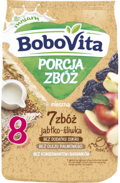 BoboVita PORCJA ZBÓŻ 7 zbóż jabłko-śliwka, kaszka mleczna w beżowej saszetce z owocami, widok z przodu.