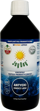 Joy Day Antyoxi Owoce Lasu eko koncentrat probiotyczny, ciemna butelka, biała nakrętka, front.