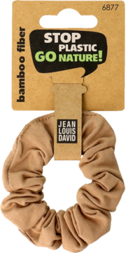 Beżowa gumka do włosów scrunchie Jean Louis David z bambusa, na brązowej metce Stop Plastic Go Nature.