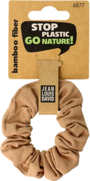 Beżowa gumka do włosów scrunchie Jean Louis David z bambusa, na brązowej metce Stop Plastic Go Nature.
