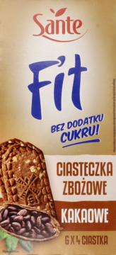 Front opakowania Sante Fit ciasteczek zbożowych kakaowych, z napisem "Bez dodatku cukru!", widoczne ziarna kakao.