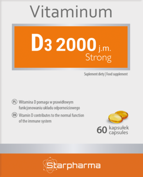 Starpharma Vitaminum D3 2000 j.m. Strong, białe opakowanie z pomarańczowym napisem, 60 kapsułek, wspiera odporność.
