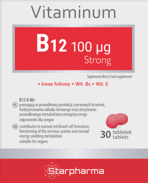 Frontowe opakowanie suplementu Vitaminum B12 100 µg Strong, szaro-czerwone, z informacją o 30 tabletkach.