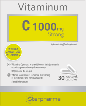Biało-żółte opakowanie suplementu Vitaminum C 1000mg Strong Starpharma, z 30 kapsułkami na pudełku.
