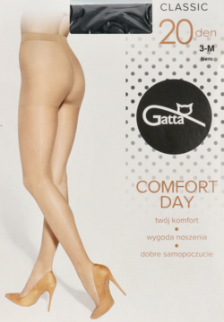 Pionowe opakowanie rajstop Gatta Comfort Day 20 den 3-M, z nogami modelki w beżowych rajstopach.
