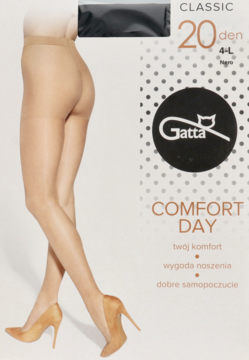 Opakowanie Gatta Classic Comfort Day rajstopy 20 den nude oraz nogi modelki w rajstopach, podkreślając idealne dopasowanie.