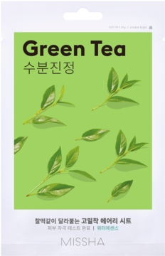 Maseczka MISSHA Green Tea, nawilżająco-łagodząca, w białej saszetce z zielonym motywem liści. Widok z przodu.