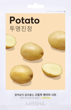 Opakowanie maseczki Missha Potato w płachcie, białe z pomarańczowym tłem i ziemniakami, widok z przodu.