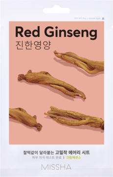 MISSHA Red Ginseng sheet mask, biała saszetka z różowym tłem i czterema korzeniami żeń-szenia, widok z przodu.