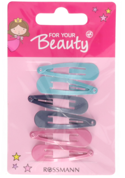 Zestaw 6 metalowych spinek do włosów Rossmann FOR YOUR Beauty, kolory błękitny, granatowy i różowy, w blistrze.