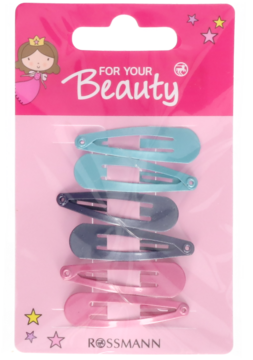 Zestaw 6 metalowych spinek do włosów Rossmann FOR YOUR Beauty, kolory błękitny, granatowy i różowy, w blistrze.