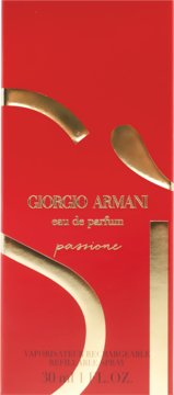 Czerwone opakowanie damskiej wody perfumowanej Giorgio Armani Si Passione 30 ml, ze złotym stylizowanym 'S' na froncie.