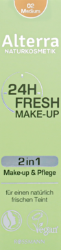 Alterra 24H Fresh Make-Up 02 Medium, wegański podkład pielęgnacyjny 2w1 w zielonym opakowaniu, widok z przodu.