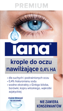 Iana krople do oczu nawilżające 0,4% HA bez konserwantów, białe opakowanie z przodu, na tle niebieskiego oka.