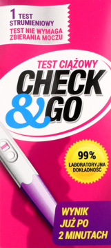 Różowe opakowanie testu ciążowego Check & Go, widok z przodu, test strumieniowy, 99% dokładności, wynik w 2 min.