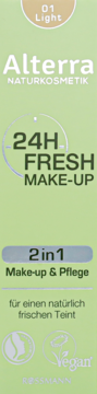 Alterra 24H Fresh Make-Up 01 Light, podkład pielęgnacyjny w jasnej tubie, wegański, widok z przodu.